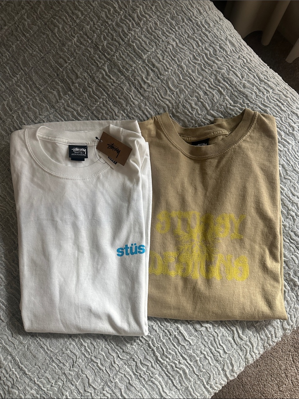 Stussy White Tee with Blue Logo & Tan Stussy Graphic Tee